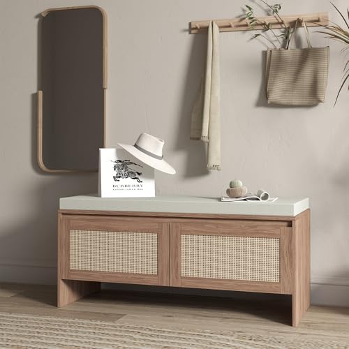 SOFTSEA 39.4" Shoe Storage Bench with Rattan Doors & Cushion, Natural