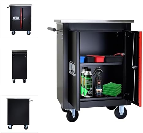 Double-Door Heavy-Duty Rolling Steel Tool Cart with Handle&Wheels, Metal Storage Organizer Cabinet, Tool Chest for Efficient Tool Storage in Garage, Warehouse, Workshop, Repair Shop, Black&RED