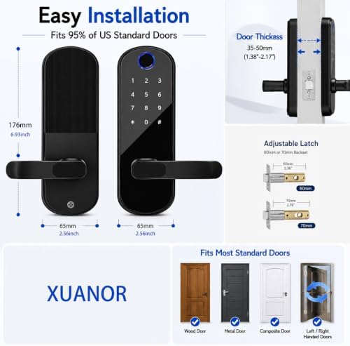 Keyless Entry Fingerprint Smart Deadbolt Lock with Handle & Keypad – App Control, Code Access, Easy DIY Install for Front Door, Home, Airbnb, Rental