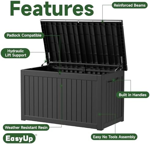 EasyUp 280 Gallon Outdoor Storage Box Waterproof, UV Resistant Resin Deck Box with Hydraulic Rod, Reinforced Stability for Patio, Garden,Striped Black
