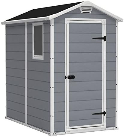 Keter Manor 4x6 Resin Outdoor Storage Shed Kit-Perfect to Store Patio Furniture, Garden Tools Bike Accessories, Beach Chairs and Lawn Mower, Grey & White