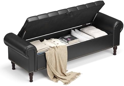 YOUDENOVA 60” Ottoman with Storage, Upholstered Storage Ottoman Bench with Rolled Arms, PU Leather Storage Bench for Bedroom, Living Room, Entryway, Black