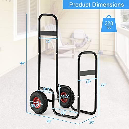 S AFSTAR Indoor Outdoor Firewood Cart, 3.6ft/44” Height Rolling Firewood Log Carrier w/All-Terrain & Shockproof Wheels, Heavy-Duty Steel Frame, Wood Storage Rack Mover, 220 lbs Weight Capacity