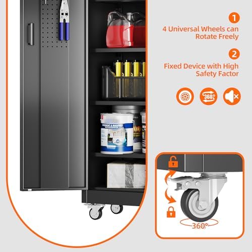 71" Metal Storage Cabinet with Wheels, 5 Adjustable Shelves, Black