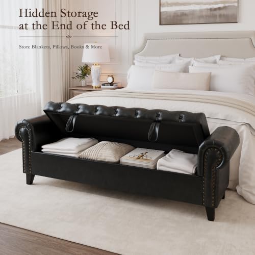 67 Inch Faux Leather Storage Bench with Rolled Arms, Chesterfield Tufted Ottoman Bench with Nailhead Trim, Upholstered End of Bed Bench for Bedroom, Entryway and Living Room, Black
