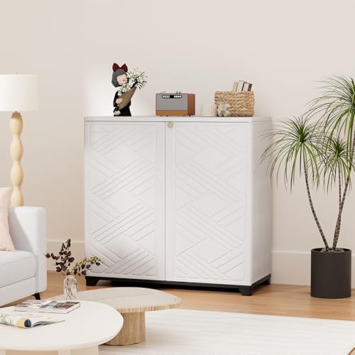 HOMSPARK Indoor/Outdoor Storage Cabinet with Doors and 1 Shelf, 34”x15”x34” HDPE Plastic Storage Box for Patio, Garden, Enterway, Balcony, Multi-Purpose for Daily Tools, White