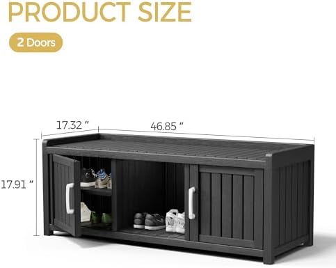 Storage Bench - Waterproof Resin Shoe Bench with Adjustable Shelves - Indoor & Outdoor Use, 2 Doors Entryway Bench with Hidden Storage Space - Storage Cabinet for Bedroom, Hallway, Black