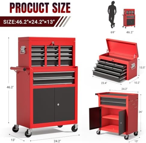 10-Drawer Rolling Tool Chest with wheels, Lockable 2-in-1 Tool Box