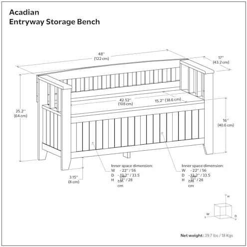 SIMPLIHOME Acadian 2-Seater Storage Bench and Cabinet Set in Brunette Brown