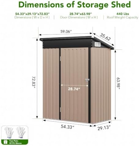 MXV 5x3 FT Outdoor Metal Storage Shed, Lockable Galvanized Steel Tool House with Sloped Roof, Waterproof Shed for Backyard, Garden, Patio, Brown
