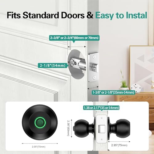 Smart Door Knob, Fingerprint Door Knob, Biometric Smart Door Lock with App Control, Metal Alloy Door Knobs, Easy Installation, Great for Bedrooms, Cloakroom, Apartments Offices, Hotel(Black)