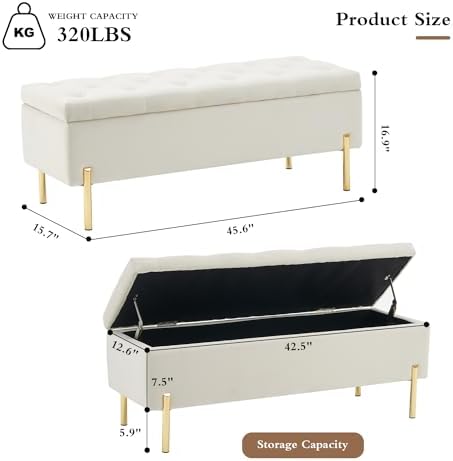 45.6 Inch Velvet Storage Bench Upholstered Tufted Settee Ottoman Bench with Storage, Bed End Bench with Soft Close Lid, for Bedroom, Living Room, Entryway, Rectangular Accent Bench, Beige