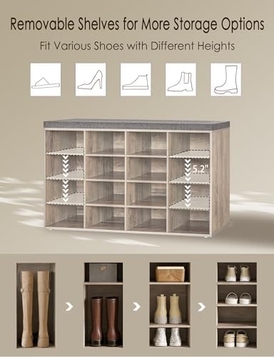 DINZI LVJ Shoe Storage Bench with Cushion, 16-Cubby Shoe Rack with Seat