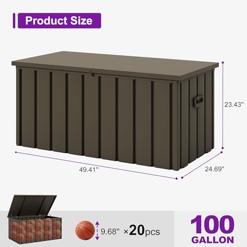 PURPLE LEAF Outdoor Deck Box 100 Gallon, Waterproof Lockable Storage, Brown
