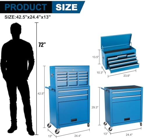 8-Drawer Rolling Tool Chest with Detachable Top Tool Box, Tool Cabinet with Universal Lockable Wheels, Mechanic Tool Organizer Storage Box for Garage Workshop Repair Shop Warehouse (Blue)