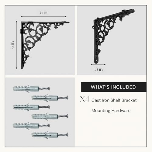 NACH Decorative Shelf Brackets, 4 Pack of 6 x 1.3 x 6 inch, Black Cast Iron Shelf Support Bracket - Metal Shelf Brackets for Wall - Victorian Shelf Bracket