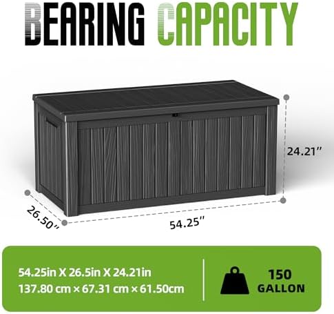 150 Gallon Outdoor Storage Deck Box Waterproof Resin Lockable Outside Bench Porch Patio Furniture Pool Float Garden Tool Cushion UV Resistant Bin Black