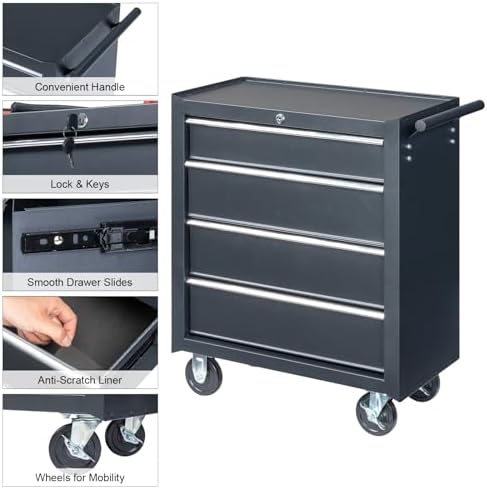 Winado 4 Drawer Rolling Tool Cabinet, Lockable Steel Tool Chest, Black