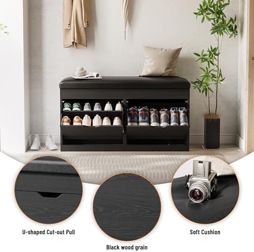 40" Shoe Storage Bench with Flip Drawers Padded Seat Cushion, Shoe Cabinet with Lift Top Storage Box, Shoe Bench Shoe Organizer for Entryway, Hallway, Living Room, Black
