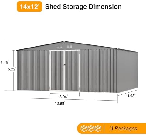 14 x 12FT Outdoor Storage Shed,Grey Metal Waterproof Shed with Door