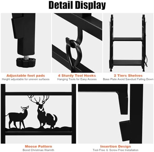 Outvita 2 Tier Firewood Log Rack, Iron Lumber Storage Holder, Wood Pile Stacker Organizer for Indoor Outdoor Fireplace Stove Pit with 4 Fire Tools Hanging Hooks Christmas Elements Black