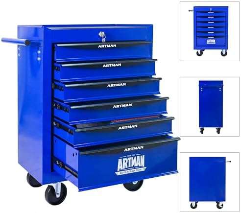 Heavy Duty 6-Drawer Rolling Tool Chest, Key Lock Tool Storage Cabinet with Lockable Casters & Drawer Liners, Mobile Tool Organizer Cart for Garage Workshop Warehouse Repair Shop (Blue)