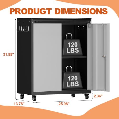 32''H Metal Garage Storage Cabinet with Wheels, Tool Storage Cabinets with Lock, Lockable Steel Rolling Tool Chest with Doors & Adjustable Shelves for Garage, Home, Office