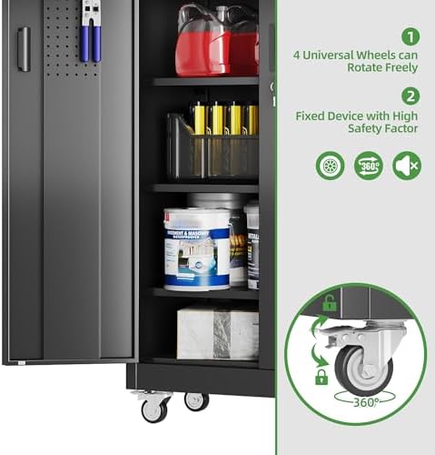 Reemoon 5 Adjustable 170 lb Shelves, Lockable Doors, Door pegboard and 4 Removable casters for Garage, Utility Storage.