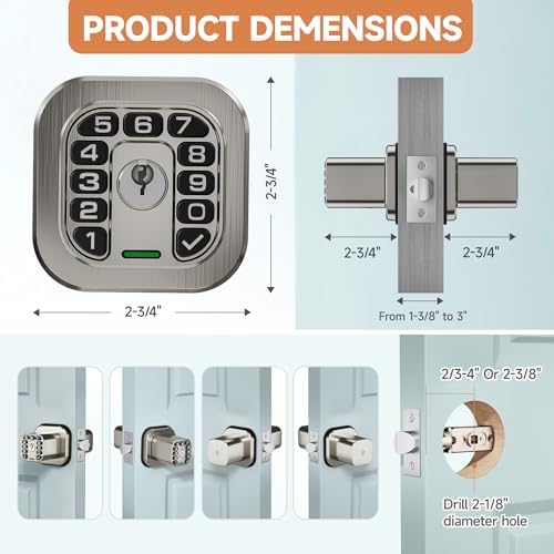 Richelock Square Door Knob with Keypad, Keylees Entry Door Lock with Cylinder, Auto Lock, Waterproof & Weatherproof Code Doorknob for Outdoor & Indoor, Bedroom, Entry Door,Office -Satin Nickel
