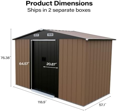 LAUSAINT HOME 10 x 4.5 FT Outdoor Storage Shed, Galvanized Steel Storage Shed with Double Sliding Doors, Gable Roof & Air Vent for Backyard, Brown
