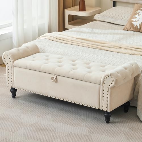 51" Storage Bench for Bedroom, Upholstered Ottoman Bench, Chenille Beige
