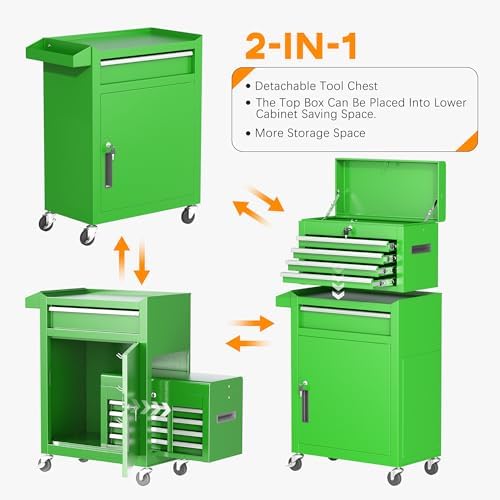 INTERGREAT Tool Chest Cabinet, 5-Drawer Rolling Tool Chest with Detachable Top Tool Box, Tool Chests with Universal Lockable Wheels, Metal Tool Cart for Garage, Workshop, Barbershop(Green)
