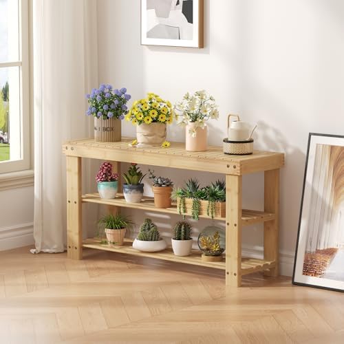 DUMOS Wooden Shoe Rack Bench, 3-Tier Bamboo Entryway Benches with Storage, Holds Up to 286 lb Storage Organizer, Suitable for Bedroom Living Room Balcony, 11.3 x 35.43 x 17.8 Inches, Natural Bamboo