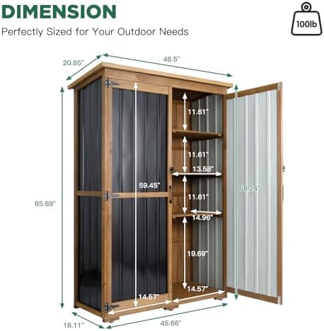 Outdoor Storage Cabinet Waterproof with Shelves, Outdoor Storage Shed Garage Cabinet Weatherproof, Wood & Metal Outside Patio Backyard Garden Pool Storage Tool Organizer