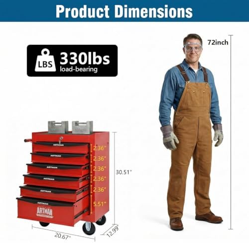 Heavy Duty 6-Drawer Rolling Tool Chest, Key Lock Tool Storage Cabinet with Lockable Casters & Drawer Liners, Mobile Tool Organizer Cart for Garage Workshop Warehouse Repair Shop (Red)