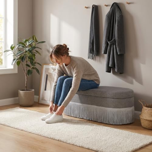39.4“Storage Ottoman Bench with Tassels, Oval End of Bed Bench for Bedroom