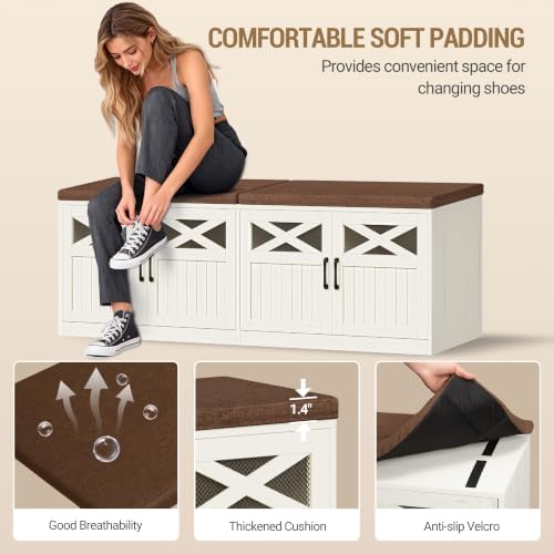 Hzuaneri 59" Shoe Storage Bench with 4 Barn Doors & Padded Seat Cushion