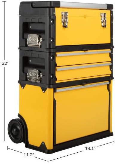 stalwart stackable rolling tool box with wheels, yellow on a desk or shelf