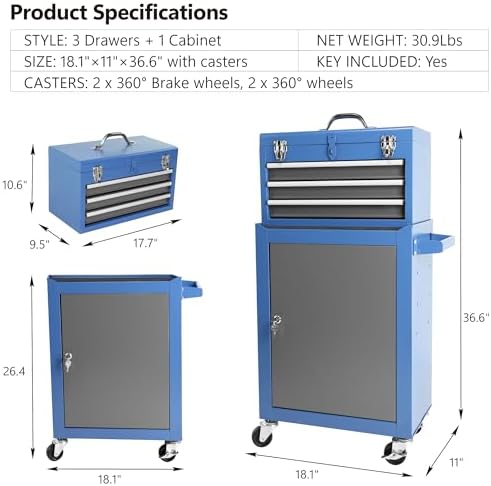 Henf Rolling Tool Storage Cabinet with Detachable Tool Box, 3-Drawer Steel Organizer, Adjustable Shelf, Wheels for Garage