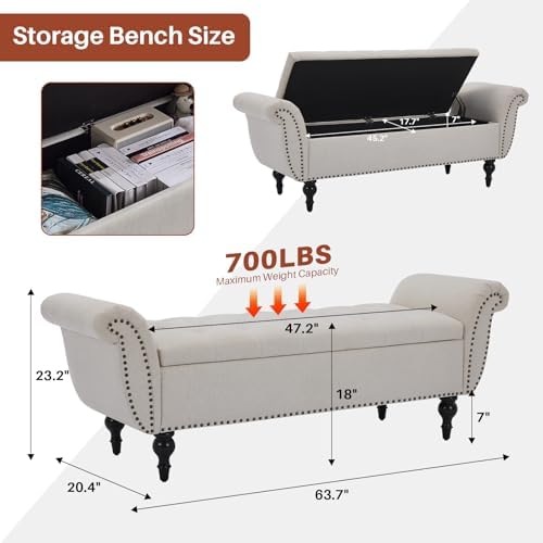 Storage Ottoman Bench, 64" Upholstered Entryway Bench, Beige