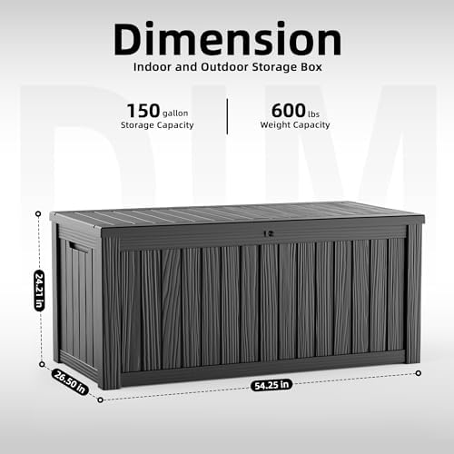 ROJIK 150 Gallon Deck Box Outdoor, Waterproof Outdoor Storage Boxes with Lids, Outside Resin Lockable Storage Box for Patio Cushions, Garden Tools(Black)