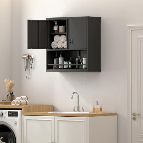 Metal Garage Cabinets, Lockable Storage Cabinet, Metal Cabinet with Open Storage, Upper Tool Cabinet for Basement, Wall Mounted Cabinets for Shop