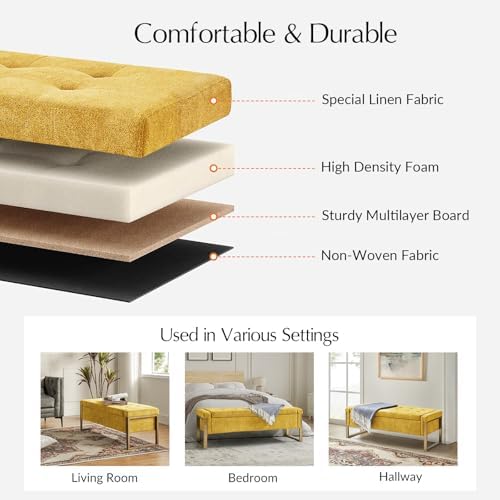 Modern Storage Ottoman Bench with Gold Metal Legs Upholstered Footrest End-of-Bed Bench with Hidden Storage, Hallway and Entryway Mustard