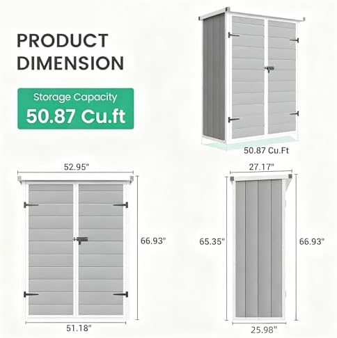 UDPATIO Vertical Storage Shed,51 Cu.ft Resin Outdoor Cabinet,Grey