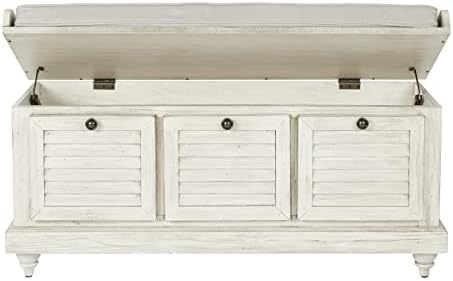 OSP Home Furnishings Dover Coastal Lift-Top Storage Bench with Shutter Face Styling, White Wash Finish with Off-White Fabric Cushion