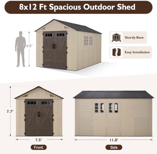 LazySunsets 8x12 Ft Outdoor Storage Shed with Light, Large Resin Outdoor Shed with Floor Included, 4 Windows & Lockable Door, Garden Plastic Storage Sheds for Bike, Lawn Tools, Garbage Can