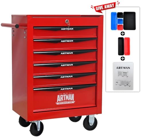 Heavy Duty 6-Drawer Rolling Tool Chest, Key Lock Tool Storage Cabinet with Lockable Casters & Drawer Liners, Mobile Tool Organizer Cart for Garage Workshop Warehouse Repair Shop (Red)