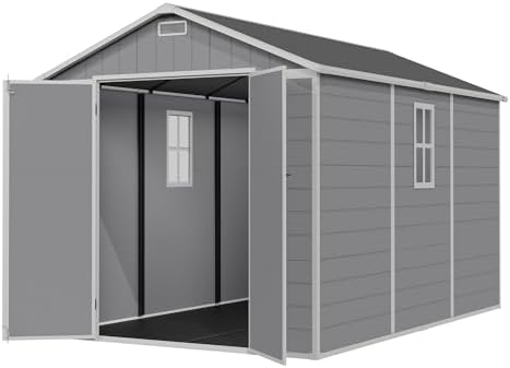 Amopatio 8X12 FT Resin Storage Shed with Floor Included, Plastic Outdoor Shed with Lockable Door, Window & Vents, for Lawnmower, Garden Tools, Pool Supplies, Grey & White