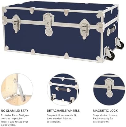 Rhino Trunk & Case Classic Large Trunk With Wheels 32"x18"x14", 1500+ lbs Capacity - Many Colors, Soft-Close Lid. Strong, USA Made Summer Camp Footlocker and Secure College Dorm Storage Chest