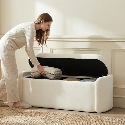 VKNOW Storage Bench, Upholstered Storage Ottoman Bench with Hinge, Cream